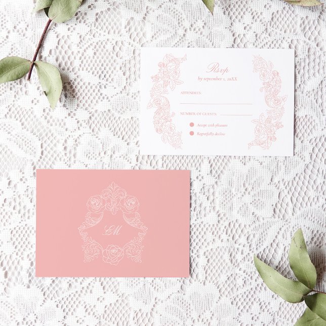Carte de réponse de mariage rose pâle victorienne (horizontal rsvp card with blush pink victorian ornaments and a crest monogram at the back)