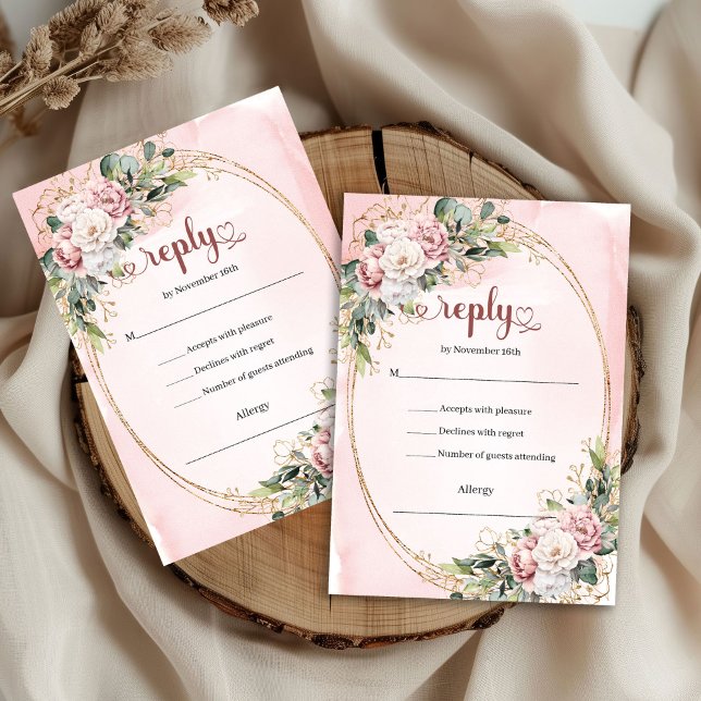 Carte de réponse de mariage rose pastel chic avec  (Chic Pastel Pink Greenery Wedding RSVP Card)