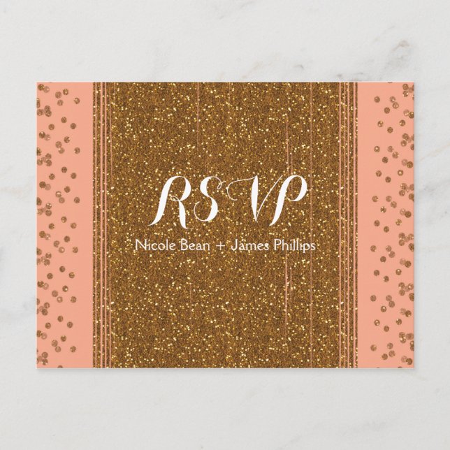 Carte de réponse de mariage rose pêche et faux str (Devant)
