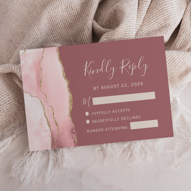 Carte de réponse de mariage Rose Poudrée Or Agate (Créateur téléchargé)