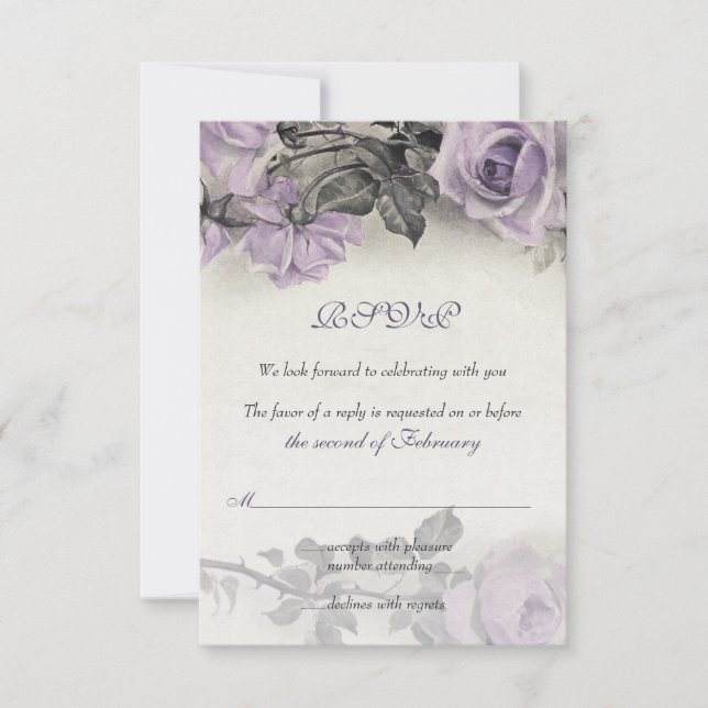 Carte de réponse de mariage Rose Pourpre en Argent (Devant)