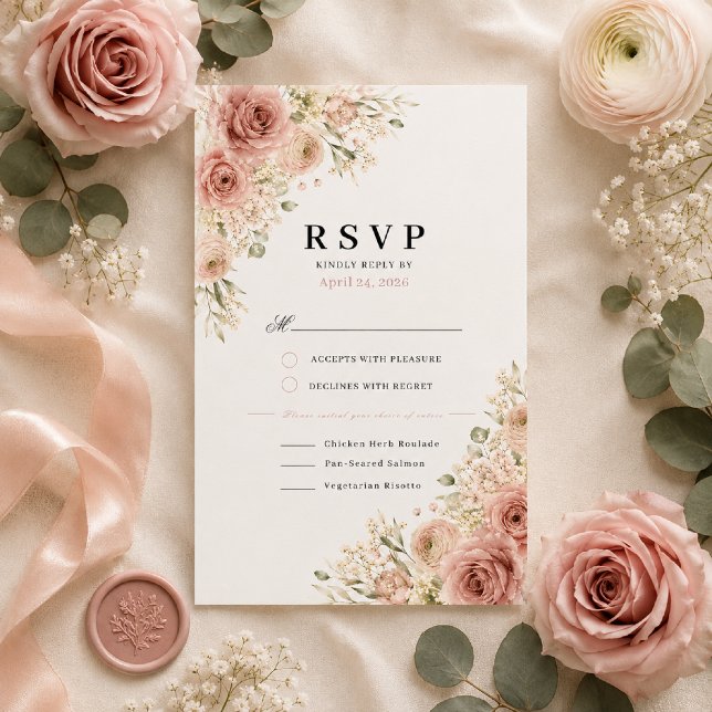Carte de réponse de mariage Rose Poussiéreuse (Elegant flat lay showcasing our Dusty Rose Romance RSVP card on premium ivory cardstock.)