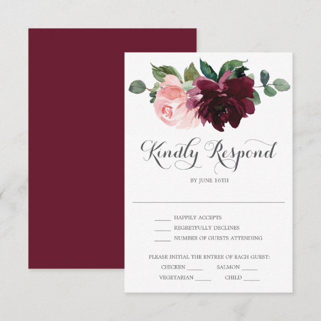 Carte de réponse de mariage Rouge Bourgogne (Devant / Derrière)