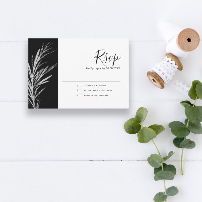 Carte de réponse de mariage RSVP argent noir et bl (Créateur téléchargé)