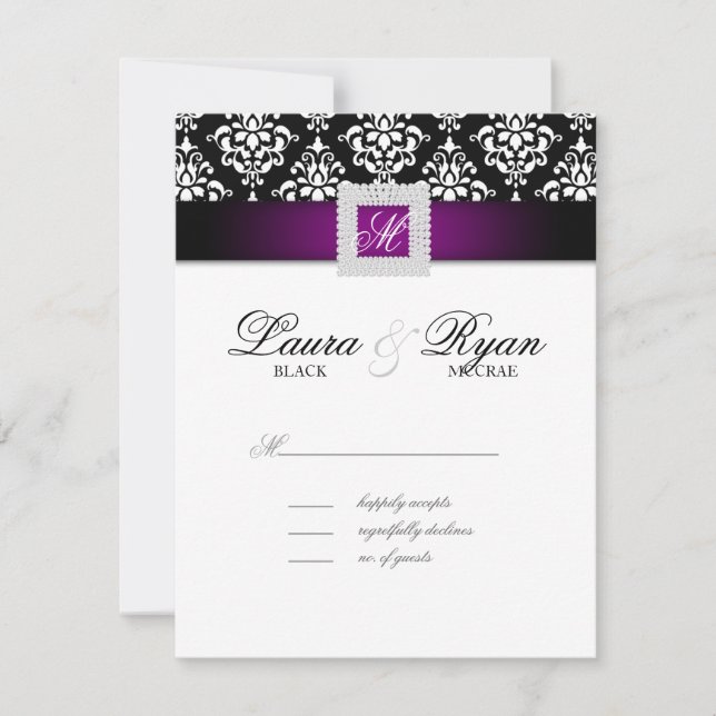 Carte de réponse de mariage RSVP noir violet blanc (Devant)