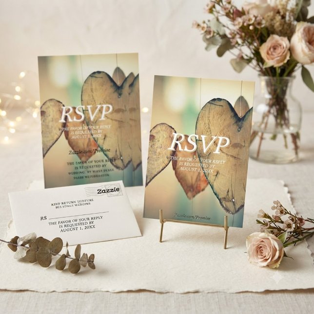 Carte de réponse de mariage Rustique Bokeh Cœurs (Créateur téléchargé)