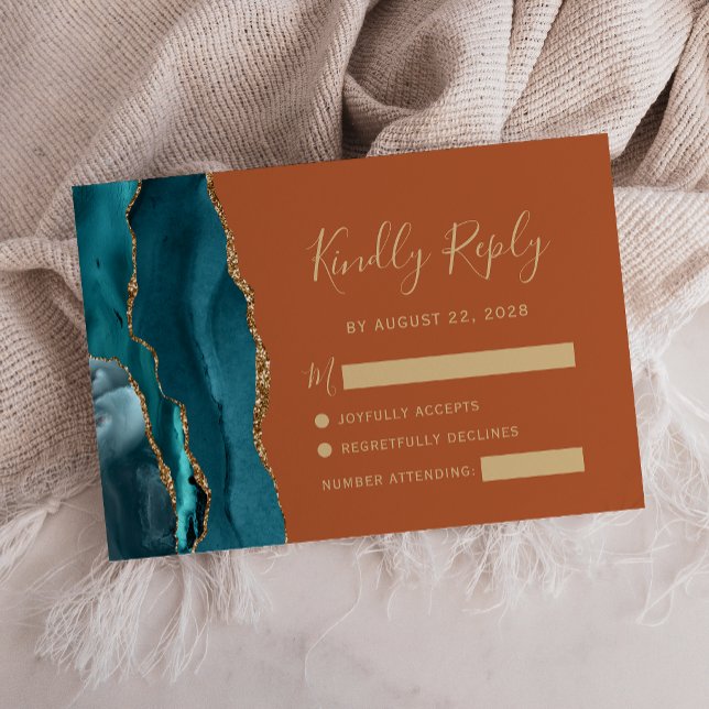 Carte de réponse de mariage Teal Gold Agate Brûlé  (Créateur téléchargé)