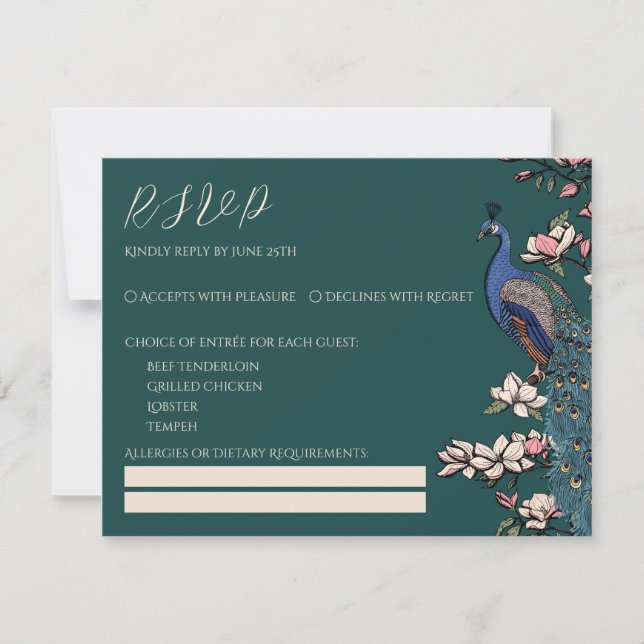 Carte de réponse de mariage Teal Paon & Magnolia (Devant)