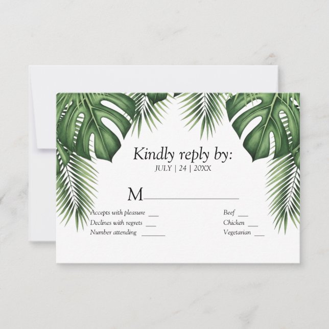 Carte de réponse de mariage tropicale verte avec M (Devant)