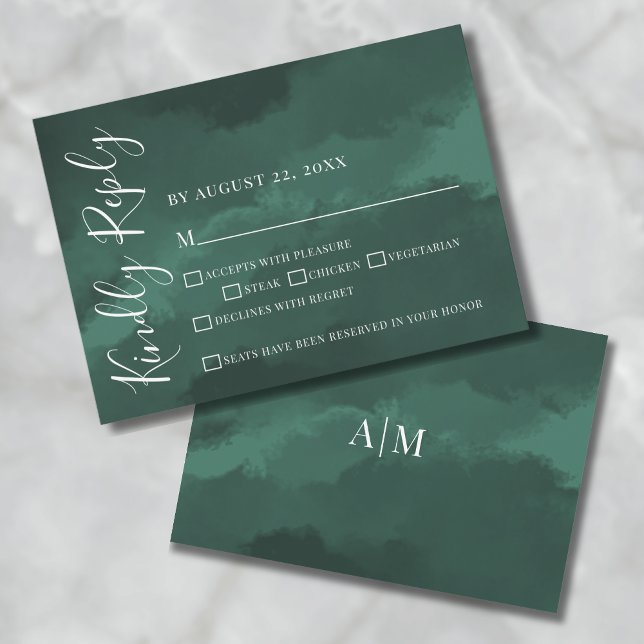 Carte de réponse de mariage Vert Émeraude (Simple Elegant Watercolor Green Wedding RSVP Card)