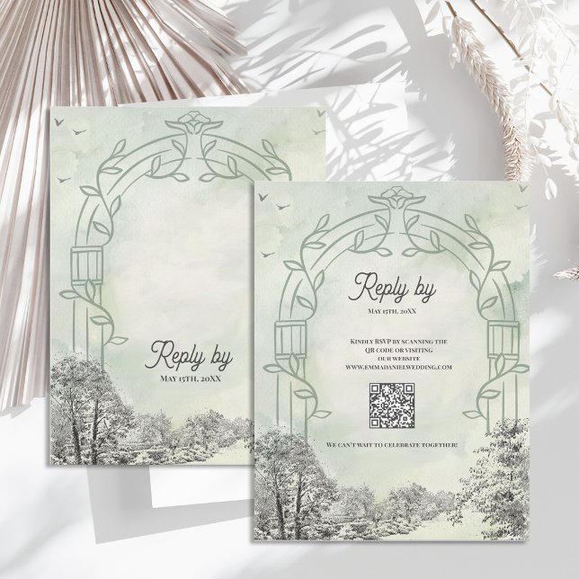 Carte de réponse de mariage vert sauge avec code Q (Sage Green Wedding RSVP Card with QR Code | Garden Arch RSVP Insert | Modern Wedding Response Card)