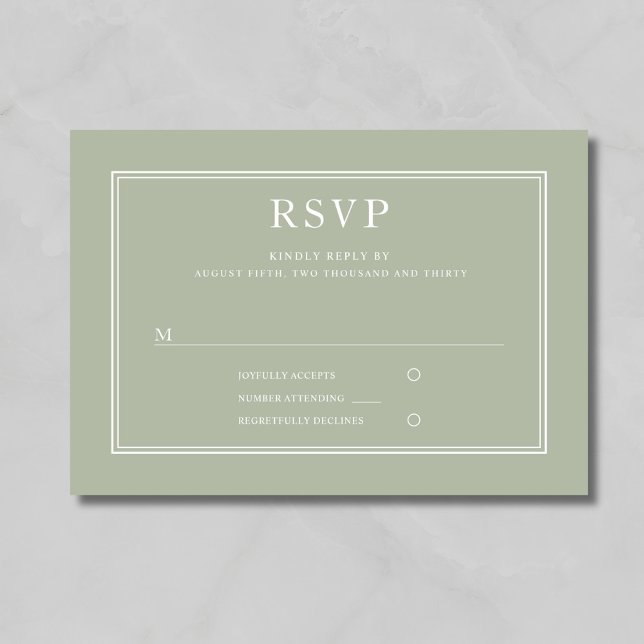 Carte de réponse de mariage vert sauge élégant mod (Modern Elegant Formal Sage Green Wedding RSVP Card)