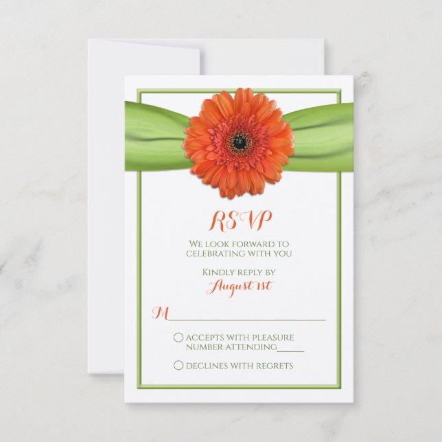 Carte de réponse de mariage verte avec gerbera ora (Devant)