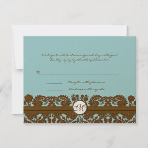 Carte de réponse de monogramme de mariage en damas