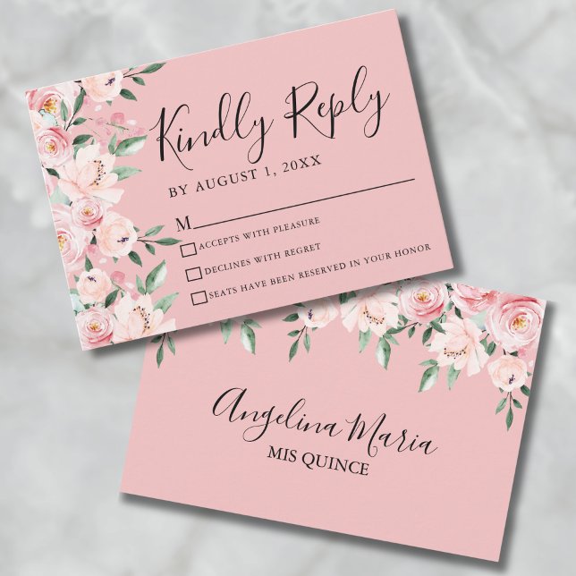 Carte de réponse de Quinceanera à fleurs roses (Pink Floral Quinceanera RSVP Card)