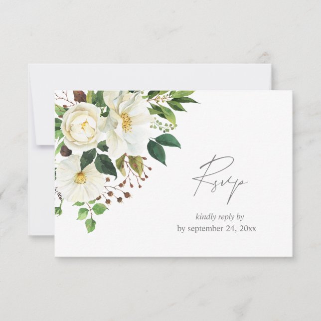 Carte de réponse de repas avec fleurs blanches et  (Devant)