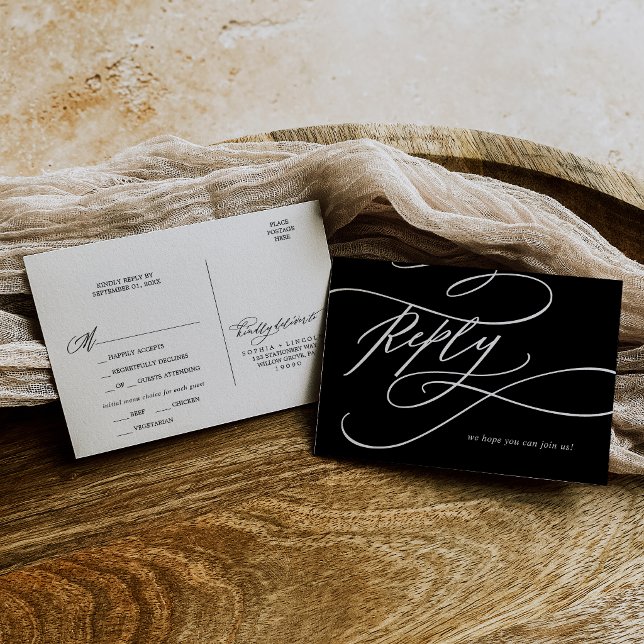 Carte de réponse de repas imprimable noir sombre | (Romantic | Dark Black Printable Meal RSVP Postcard)