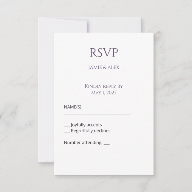 Carte de réponse de RSVP de mariage modifiable Vio (Devant)
