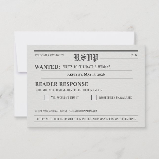 Carte de réponse de RSVP de style journal pour mar (Devant)