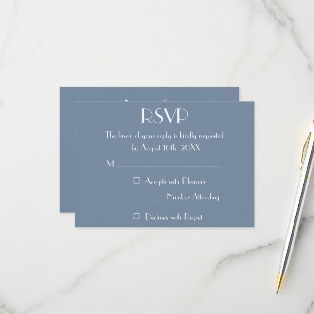 Carte de réponse d'invitation de mariage bleu pous (Devant/Arrière en situation)