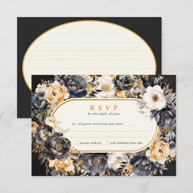 Carte de réponse du Mariage de Black Peonder RSVP (Devant / Derrière)