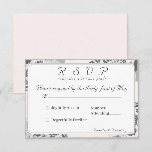 Carte de réponse du Mariage de dentelle rose-champ (Devant / Derrière)