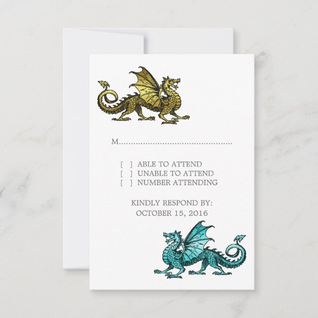 Carte de réponse du Mariage Dragon Turquoise Or (Devant)