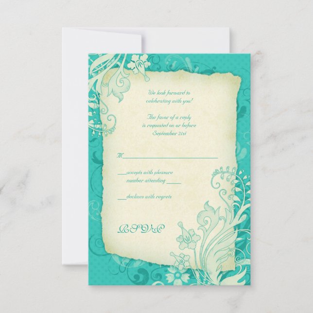 Carte de réponse du Mariage floral turquoise et iv (Devant)