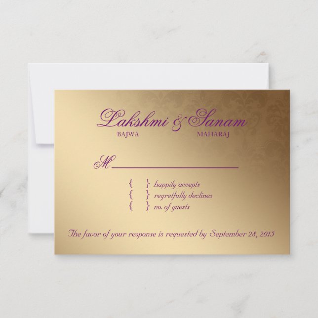 Carte de réponse du Mariage RSVP indien Damask Pur (Devant)