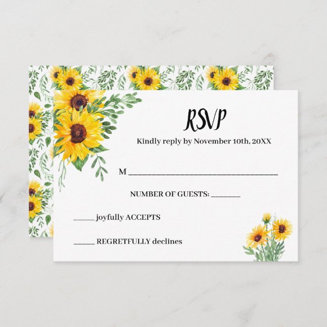 Carte de réponse du Mariage RSVP Sunflowers Greene (Devant / Derrière)