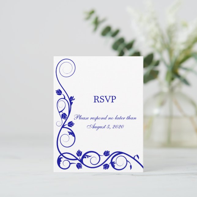 Carte de réponse Elegant Royal Blue White Swirls R (Debout devant)