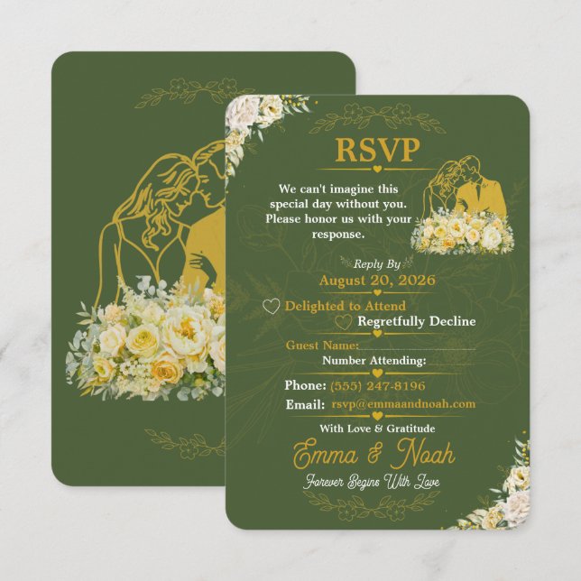 Carte de réponse élégante à motif botanique olive  (Devant / Derrière)