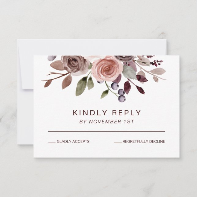 Carte de réponse élégante bordeaux pour mariage fl (Devant)