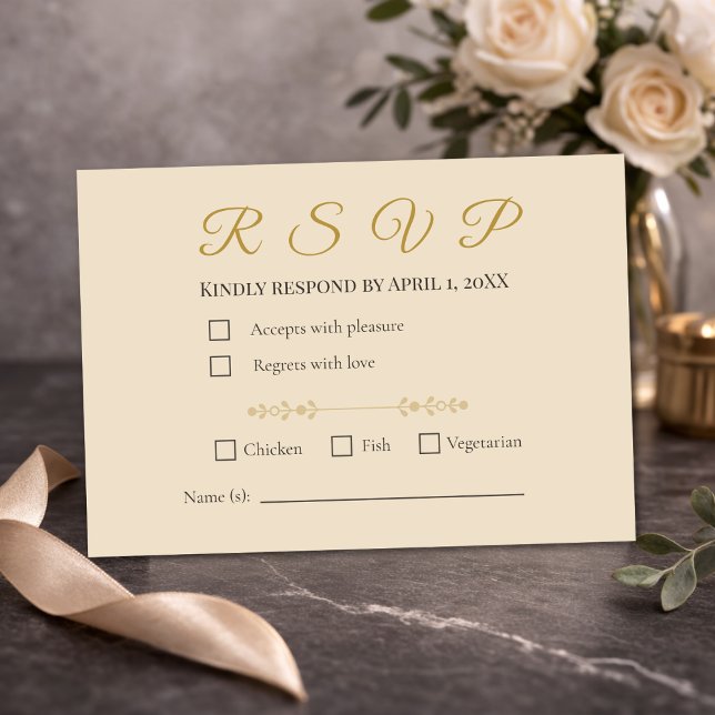Carte de réponse élégante Champagne Or pour 50e an (Elegant champagne gold RSVP card styled for a romantic 50th anniversary table setting)
