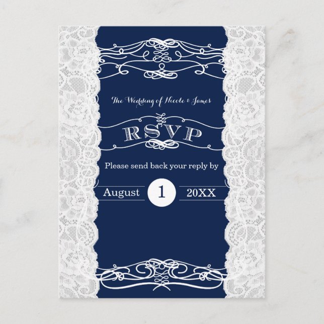 Carte de réponse élégante de mariage à dentelle bl (Devant)