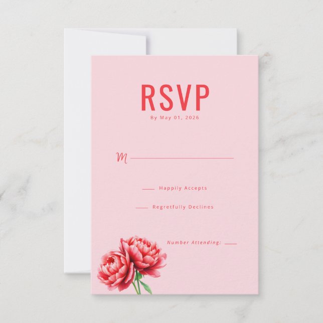 Carte de réponse Élégante Pivoine Rose (Devant)