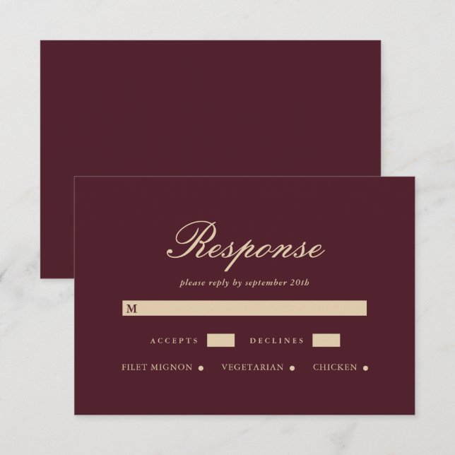 Carte de réponse élégante pour mariage en bordeaux (Devant / Derrière)