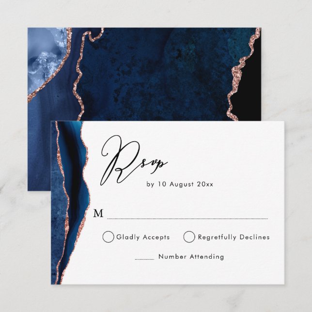 carte de réponse en agate or rose et marine (Devant / Derrière)