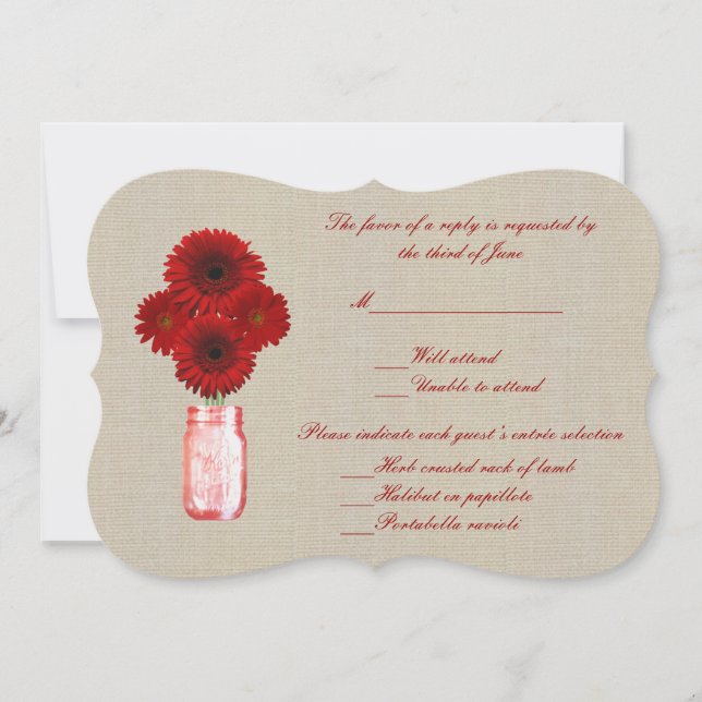 Carte de réponse en burlap rustique rouge Mason Ja (Devant)