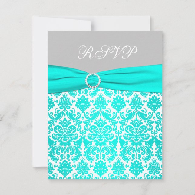 Carte de réponse en damas aqua, blanc et gris (Devant)