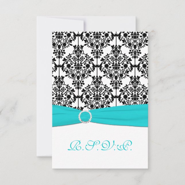 Carte de réponse en Damas aqua, blanc et noir 2 (Devant)