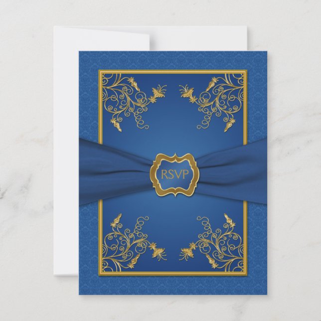 Carte de réponse en damas bleu et fleurs dorées (Devant)