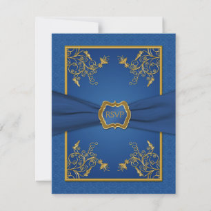 Carte de réponse en damas bleu et fleurs dorées