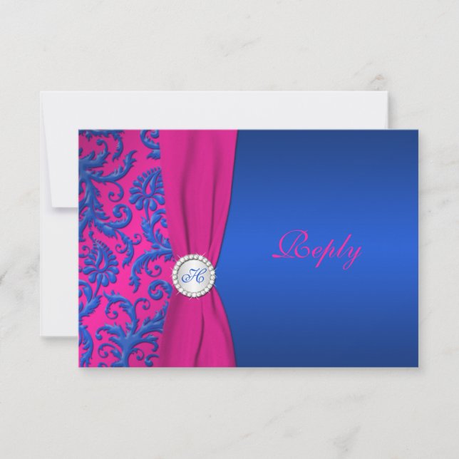 Carte de réponse en damas cobalt et fuchsia RSVP (Devant)
