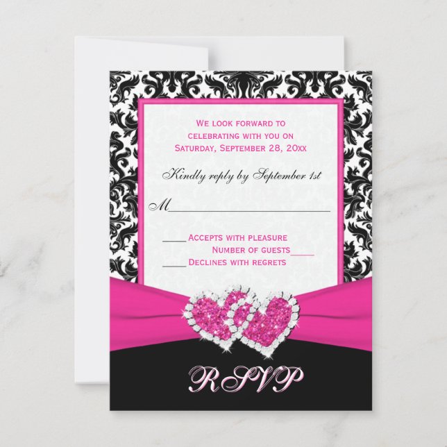 Carte de réponse en damas noir, blanc et rose avec (Devant)