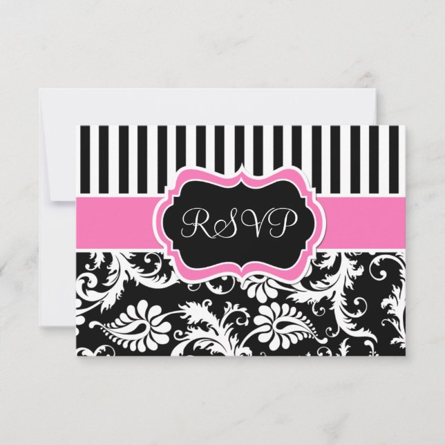 Carte de réponse en damas noir rose blanc rayé (Devant)