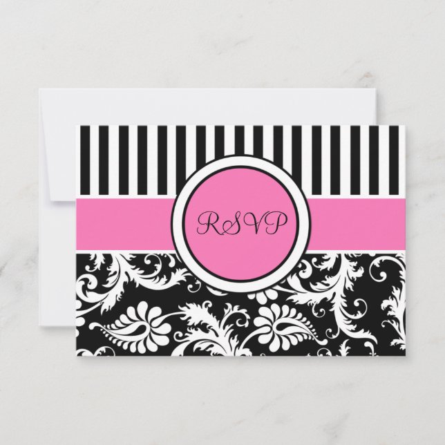 Carte de réponse en damas noir rose blanc rayé (Devant)