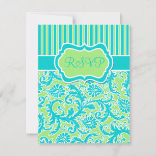 Carte de réponse en damas rayé bleu vert blanc