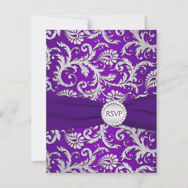 Carte de réponse en damas violet et argent Royal P (Devant)