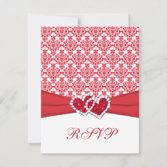 Carte de réponse en damassé rouge et blanc & cœurs (Devant)